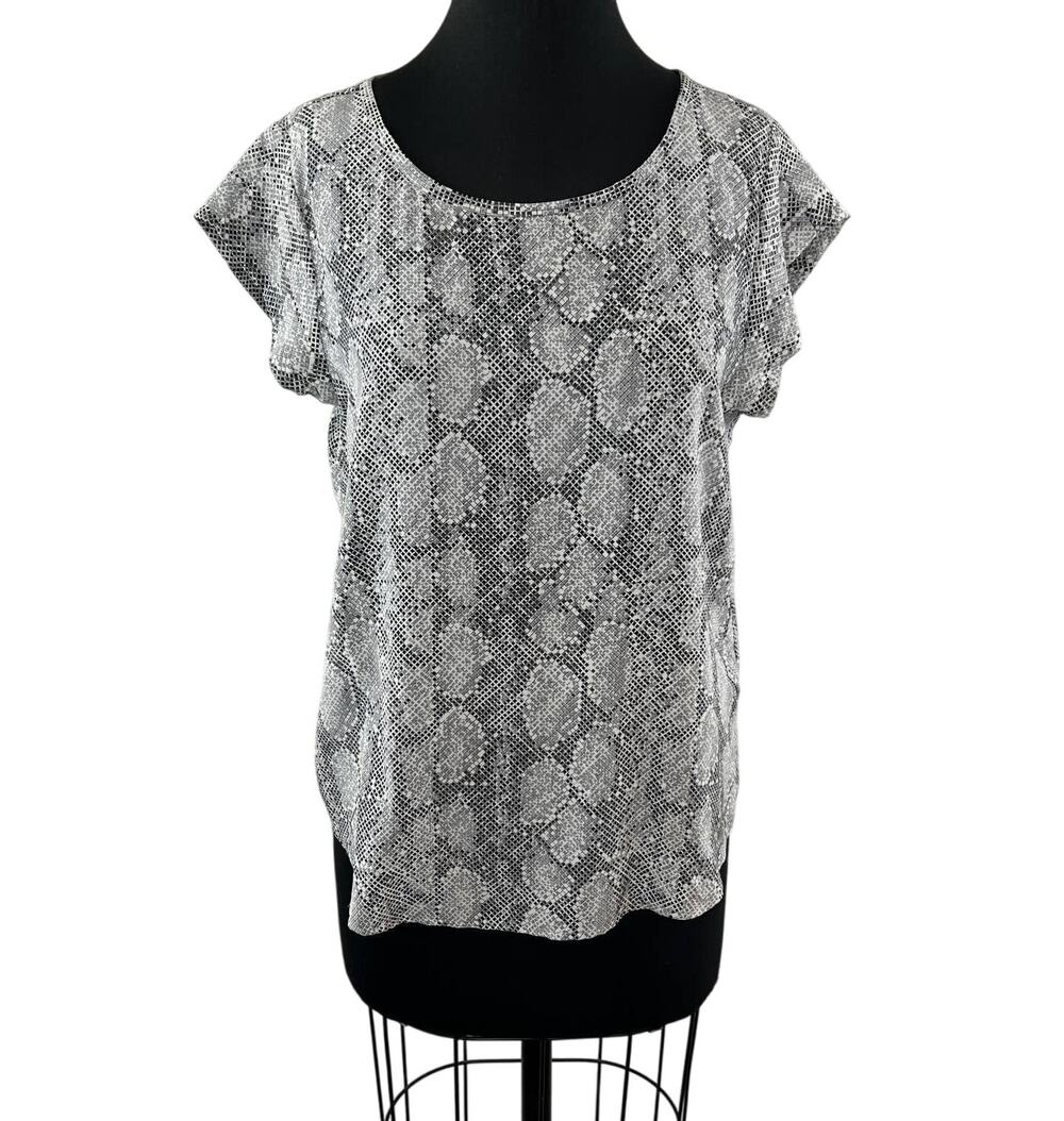 JOIE Black Gray Snake Python Print 100% Silk Short Sleeve Dolman Keyhole Top M